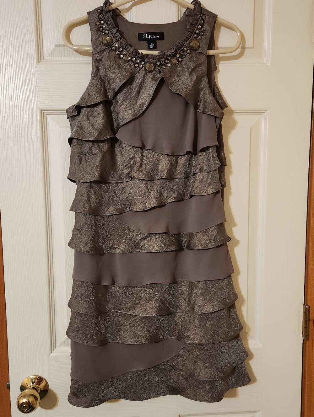 SL Fashions Champagne Brown Ruffled Tier Beaded Dress Sz 10 Event Wedding Guest